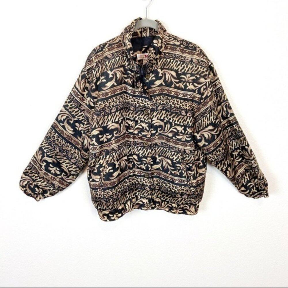 STUNT SPORTS 90s Bomber Jacket Size S Vintage Silk Granny Chic Black Tan Taupe